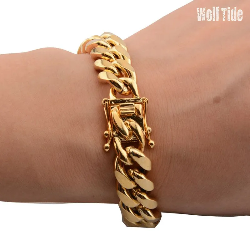 Bracelet de liaison cubaine Gold pour hommes - chaîne de liaison cubaine en acier inoxydable doré