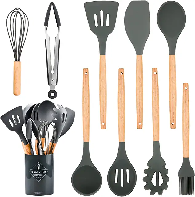 Xiumeso Set De 9 Ustensiles De Cuisine En Silicone Résistant À La Chaleur, Antiadhésive Anti-Rayures Et Résistante À Chaleur, Manche En Bois