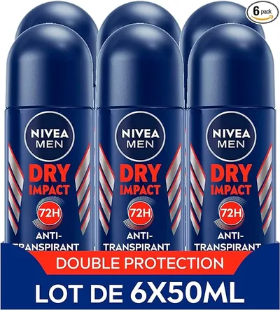 nivea men déodorant anti-transpirant dry impact (lot de 6 x 50 ml), déodorant bille pour homme sans alcool, antitranspi…
