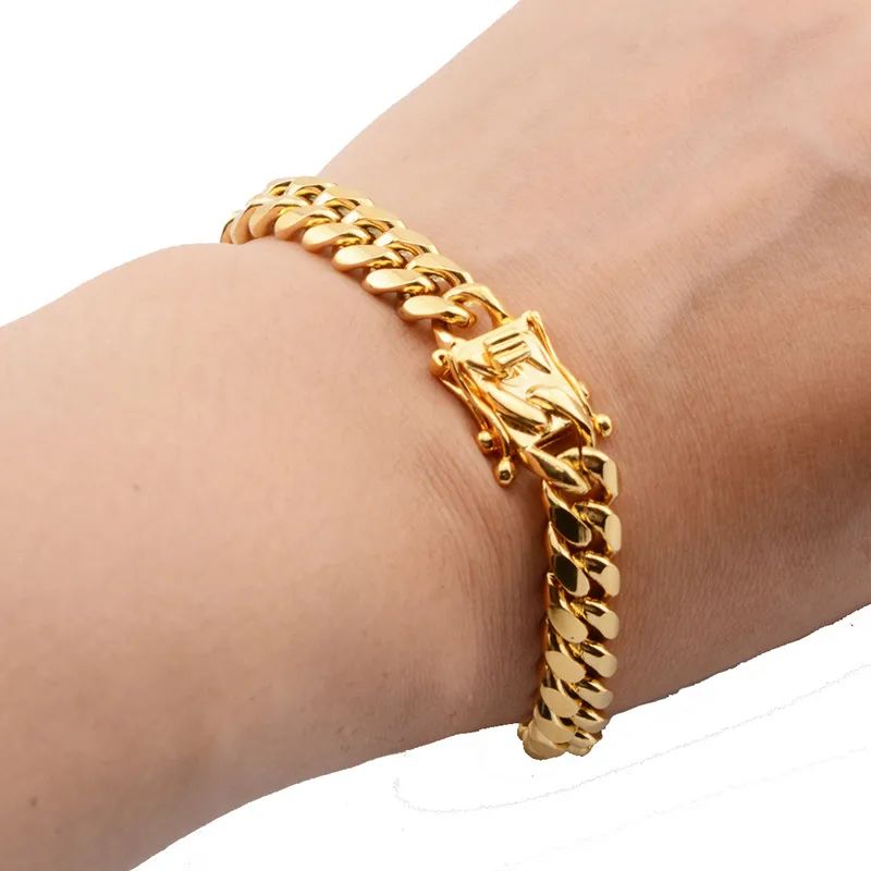Bracelet de liaison cubaine Gold pour hommes - chaîne de liaison cubaine en acier inoxydable doré